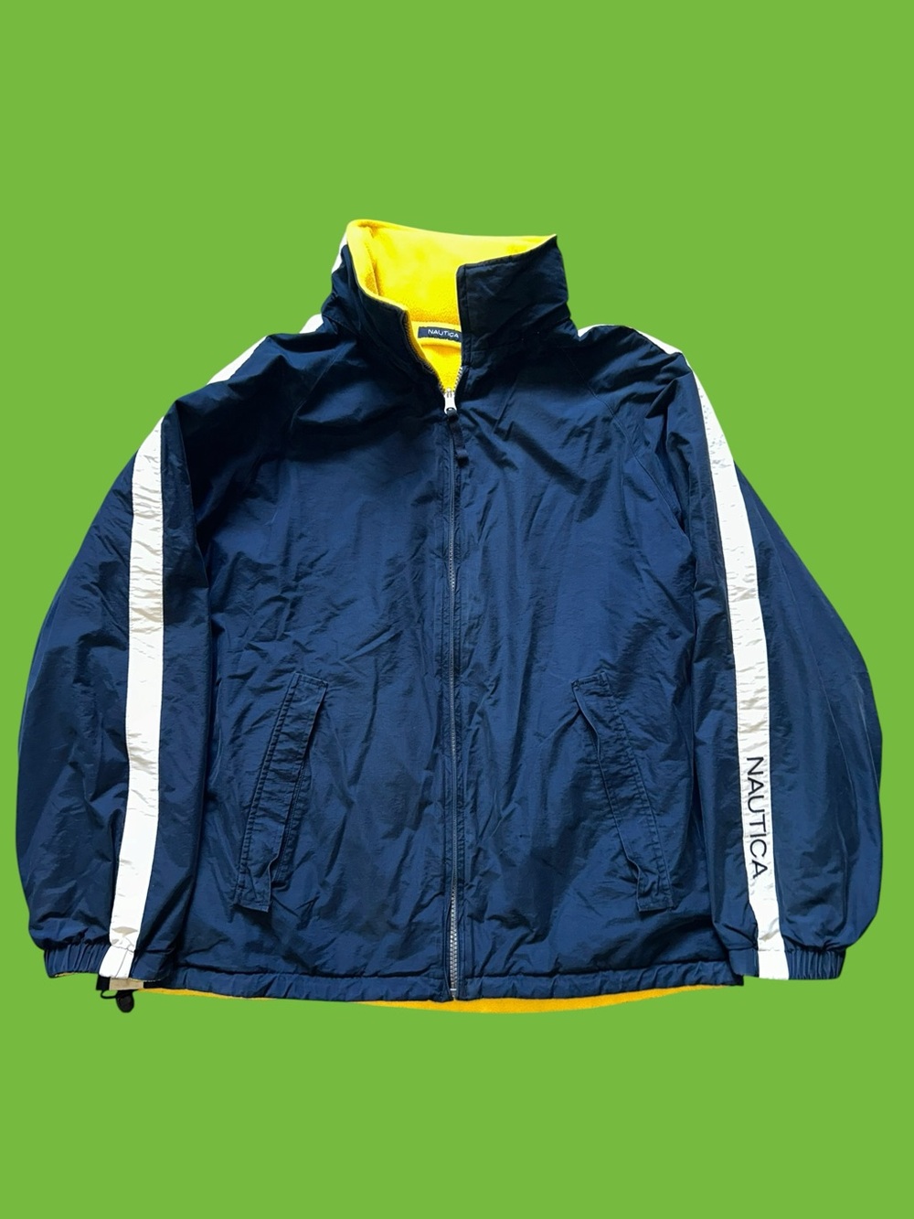 Vintage 90's Nautica Navy Yellow Jacket Hood Coat Men's L Hong Kong Reversible